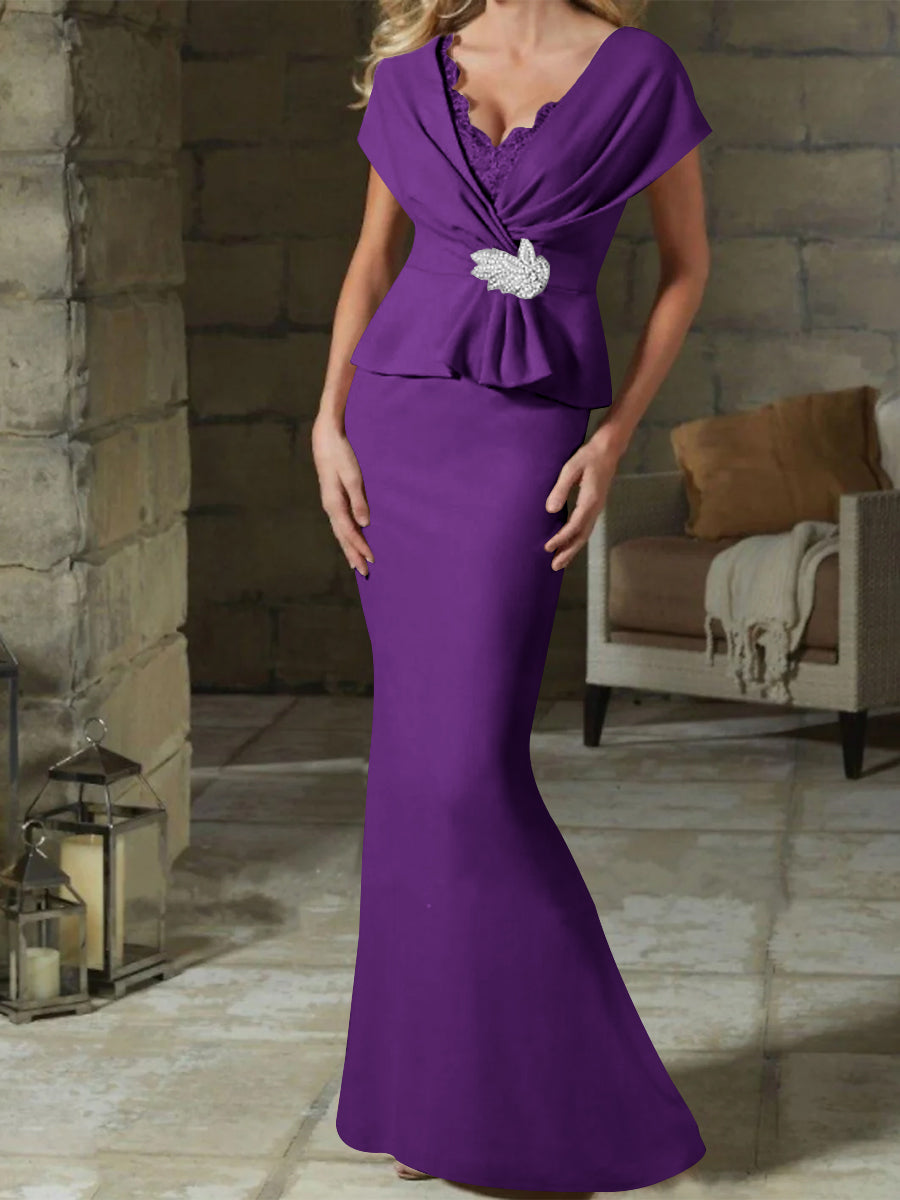 V Neck Belted Mother of the Bride Sheath Column Dresses