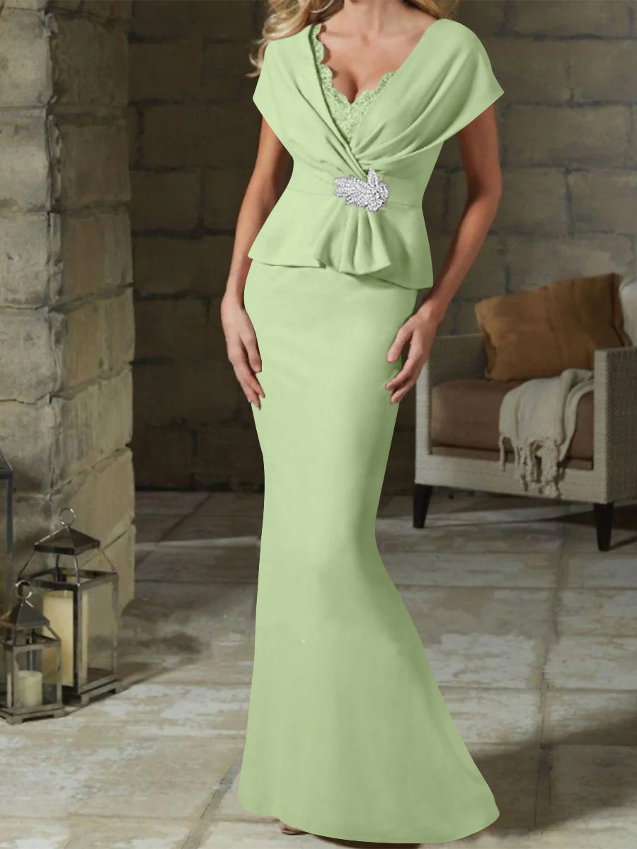 V Neck Belted Mother of the Bride Sheath Column Dresses