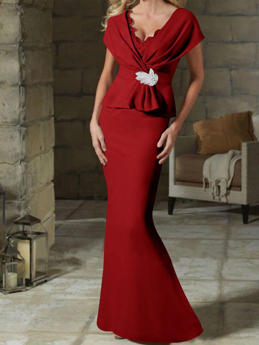 V Neck Belted Mother of the Bride Sheath Column Dresses