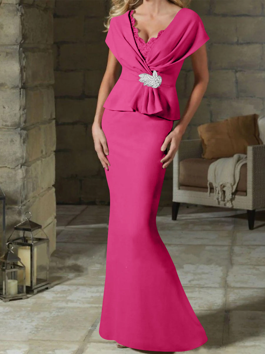 V Neck Belted Mother of the Bride Sheath Column Dresses