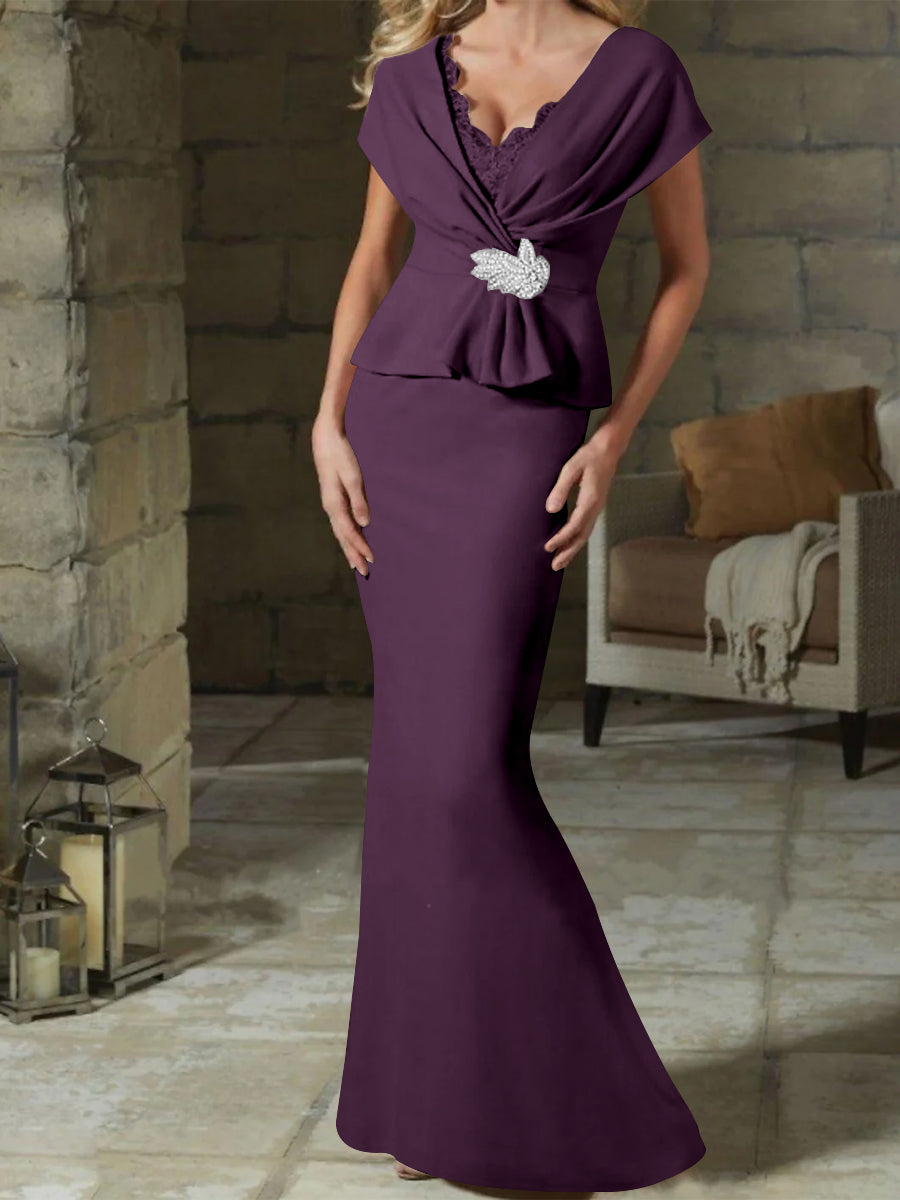 V Neck Belted Mother of the Bride Sheath Column Dresses