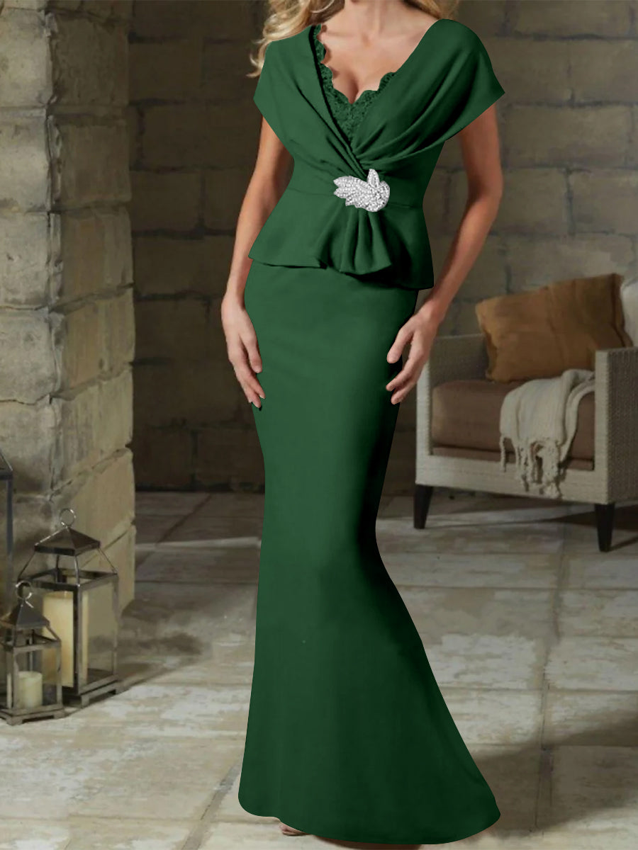 V Neck Belted Mother of the Bride Sheath Column Dresses