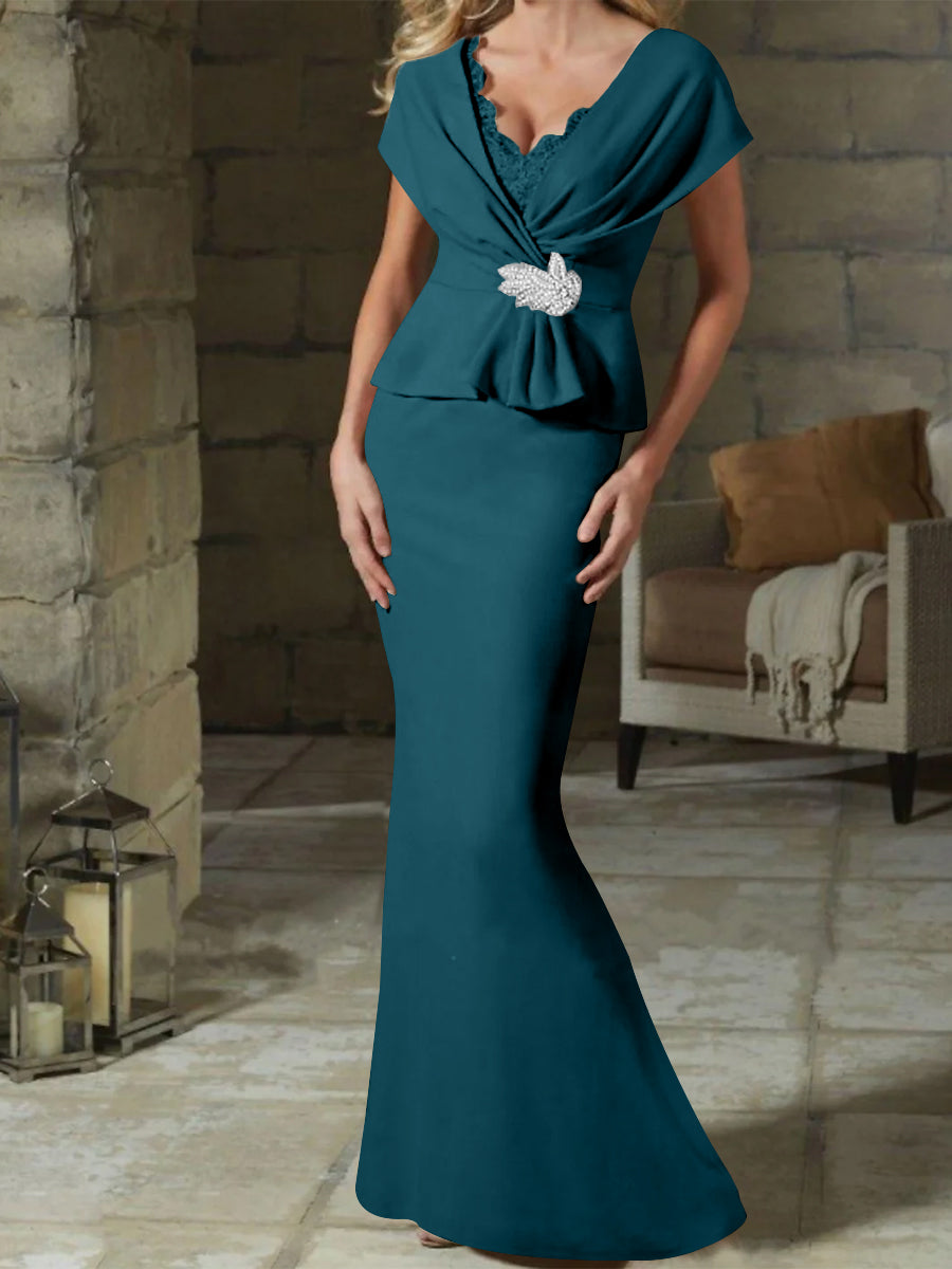 V Neck Belted Mother of the Bride Sheath Column Dresses