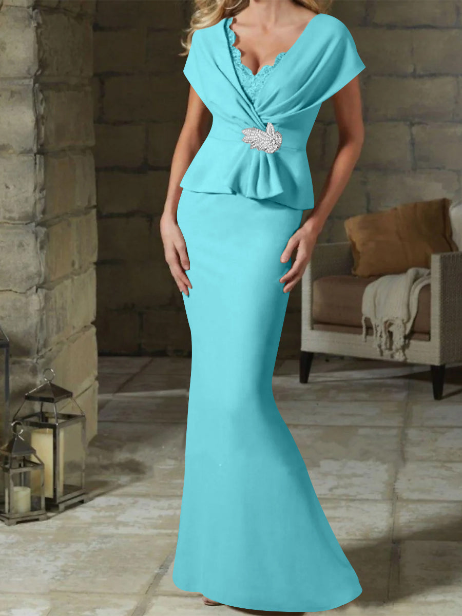 V Neck Belted Mother of the Bride Sheath Column Dresses