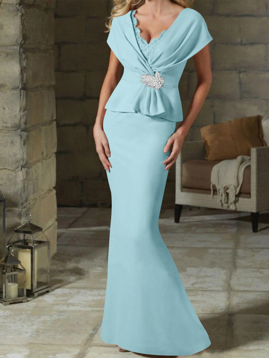 V Neck Belted Mother of the Bride Sheath Column Dresses
