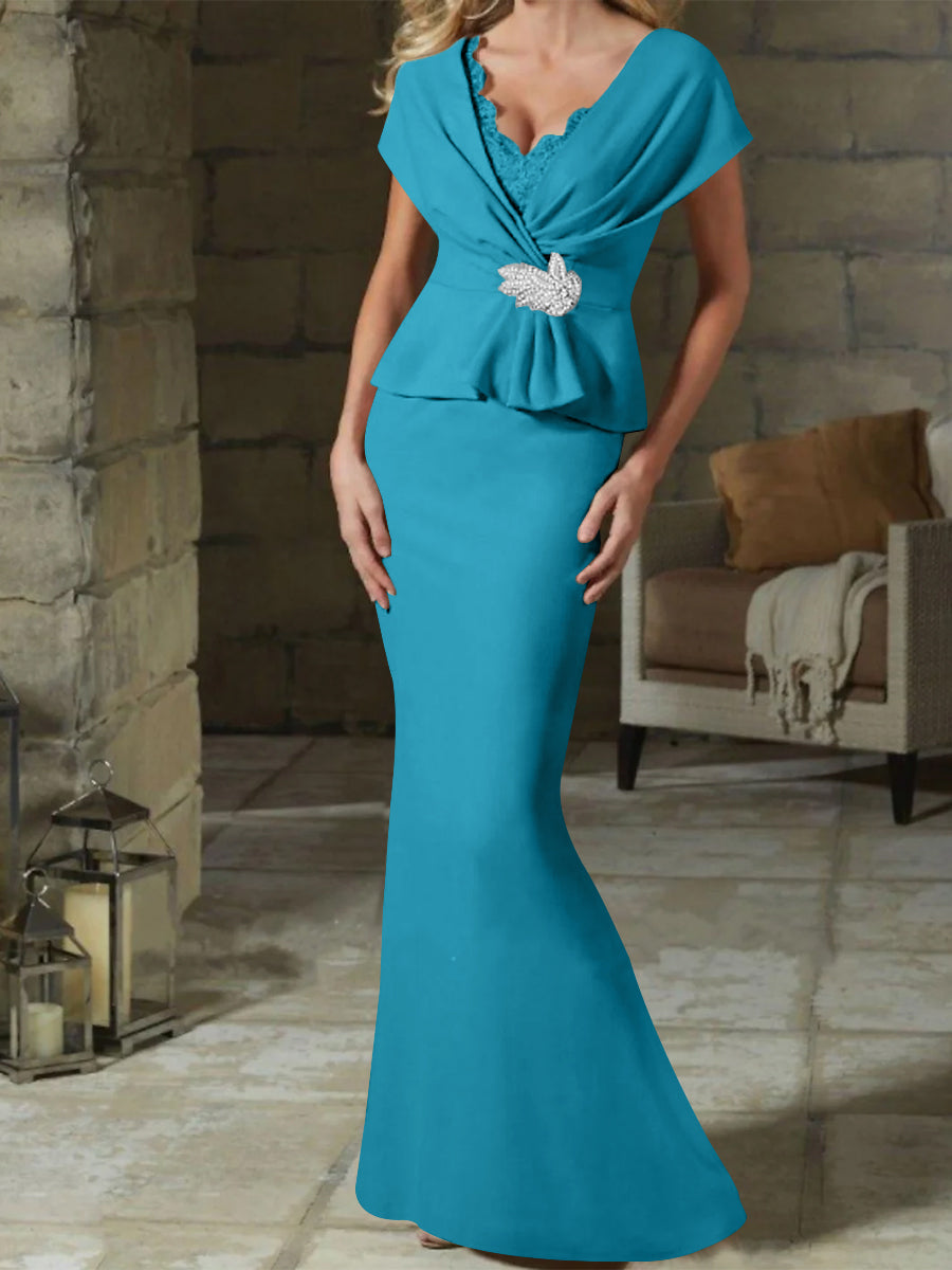 V Neck Belted Mother of the Bride Sheath Column Dresses