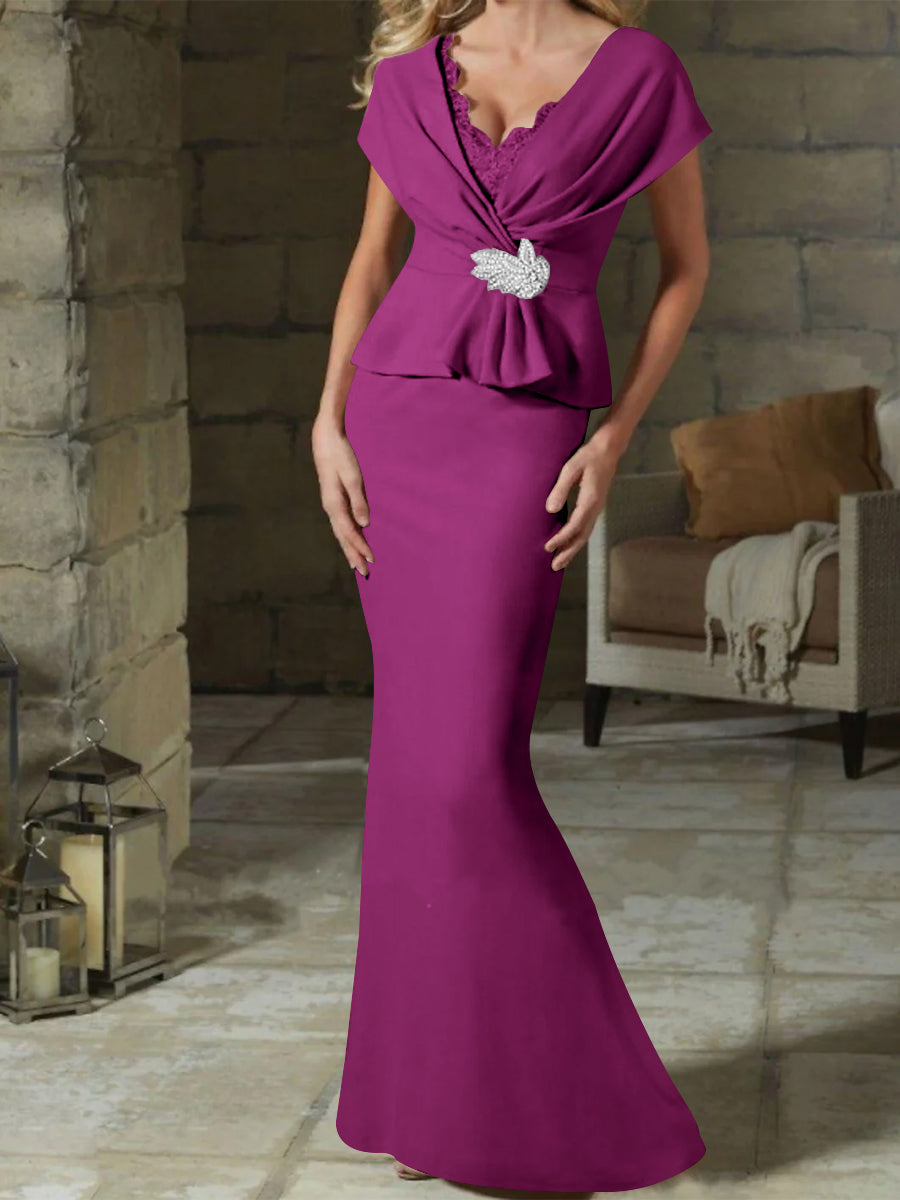 V Neck Belted Mother of the Bride Sheath Column Dresses