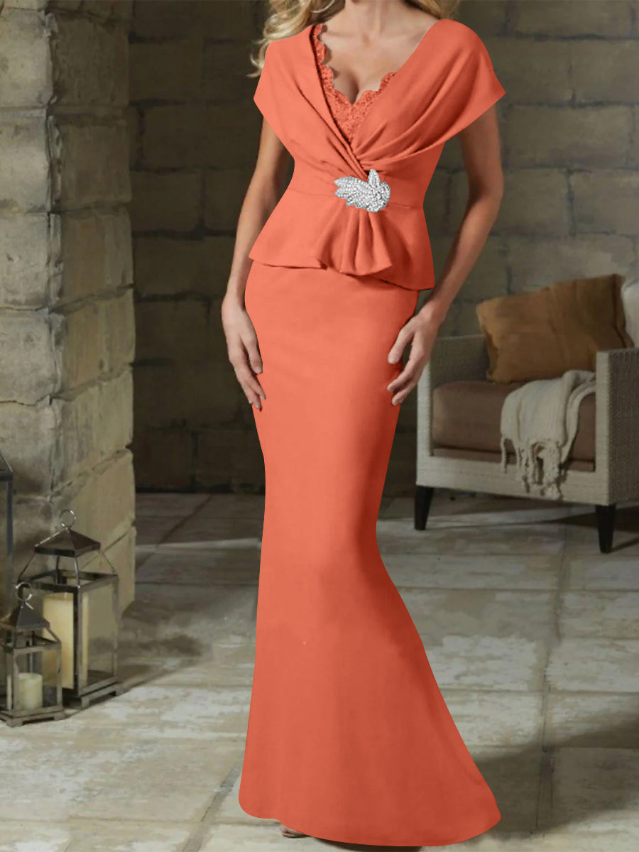 V Neck Belted Mother of the Bride Sheath Column Dresses