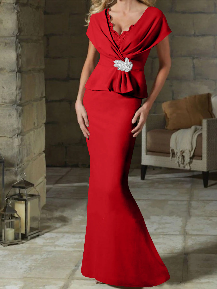 V Neck Belted Mother of the Bride Sheath Column Dresses