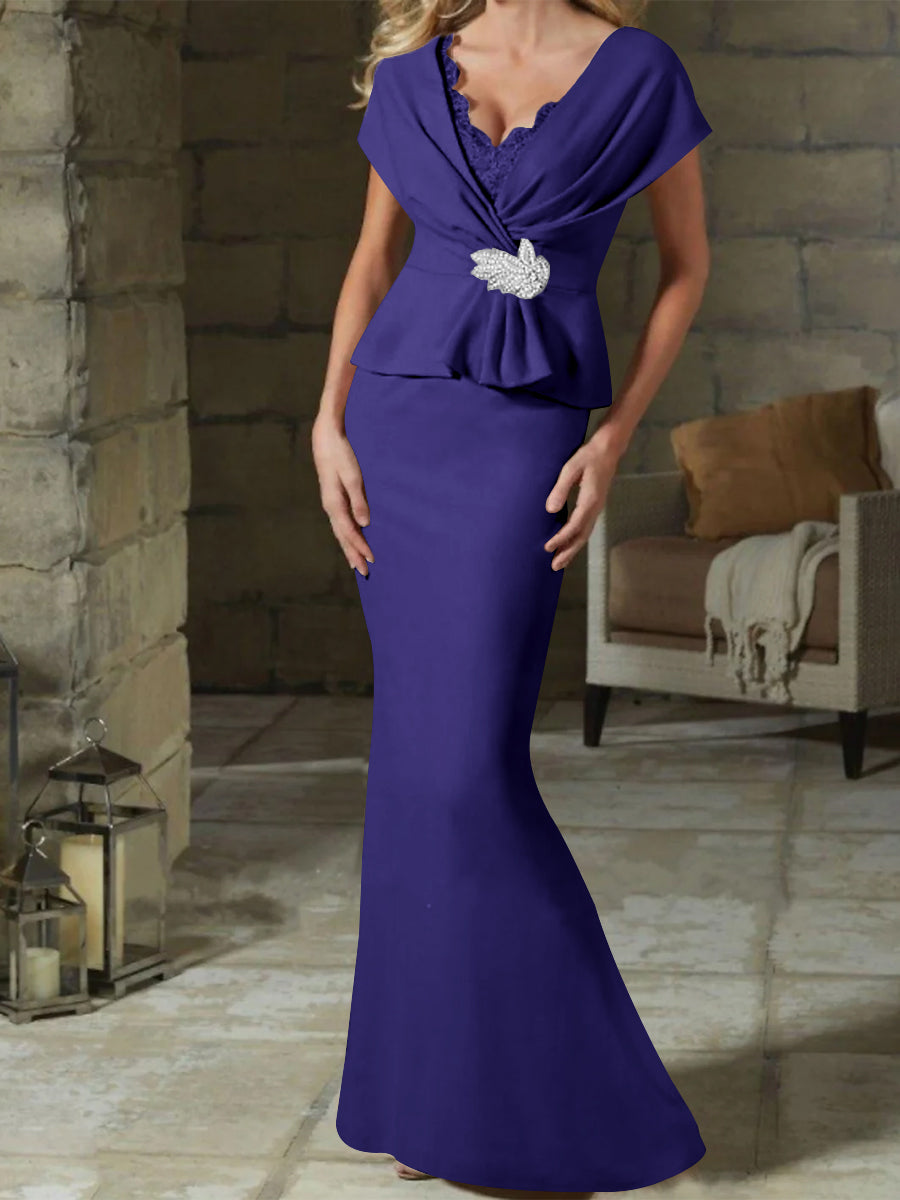 V Neck Belted Mother of the Bride Sheath Column Dresses