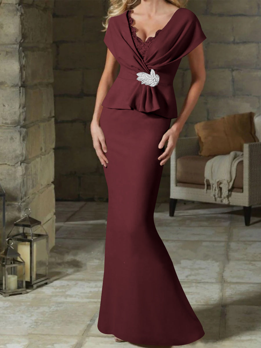 V Neck Belted Mother of the Bride Sheath Column Dresses