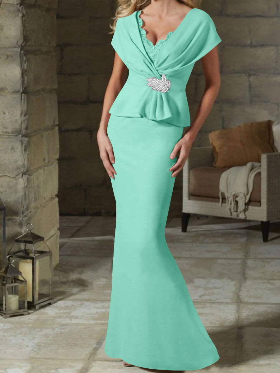 V Neck Belted Mother of the Bride Sheath Column Dresses