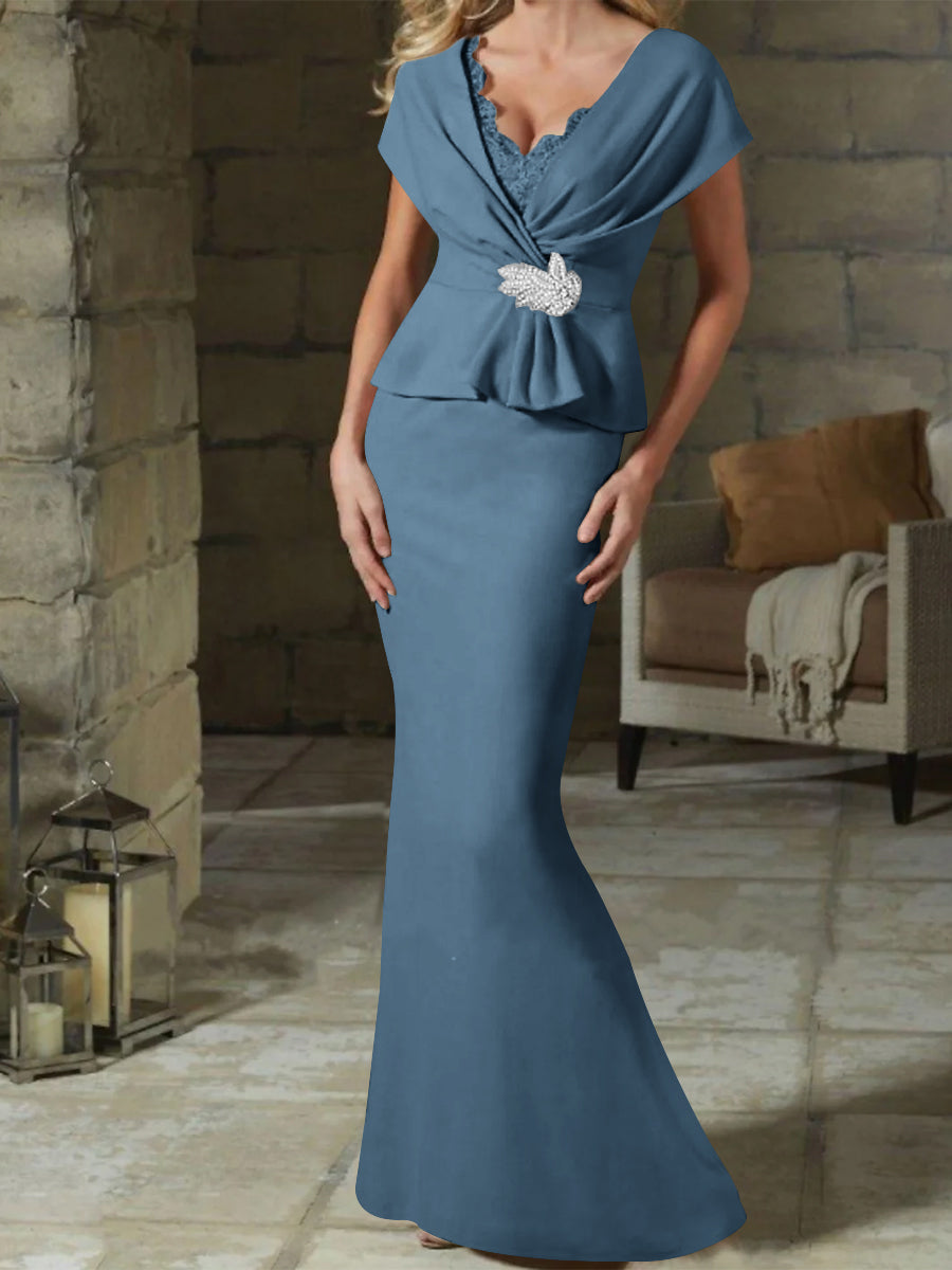 V Neck Belted Mother of the Bride Sheath Column Dresses