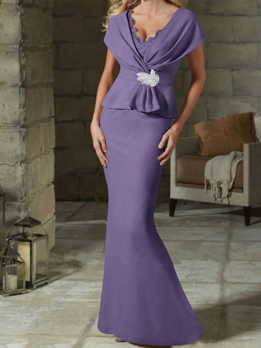 V Neck Belted Mother of the Bride Sheath Column Dresses