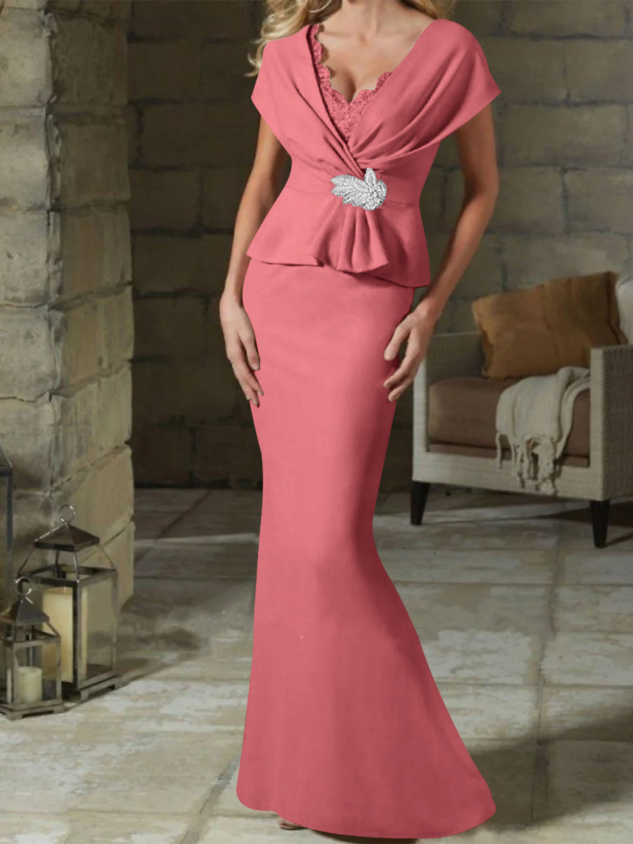V Neck Belted Mother of the Bride Sheath Column Dresses