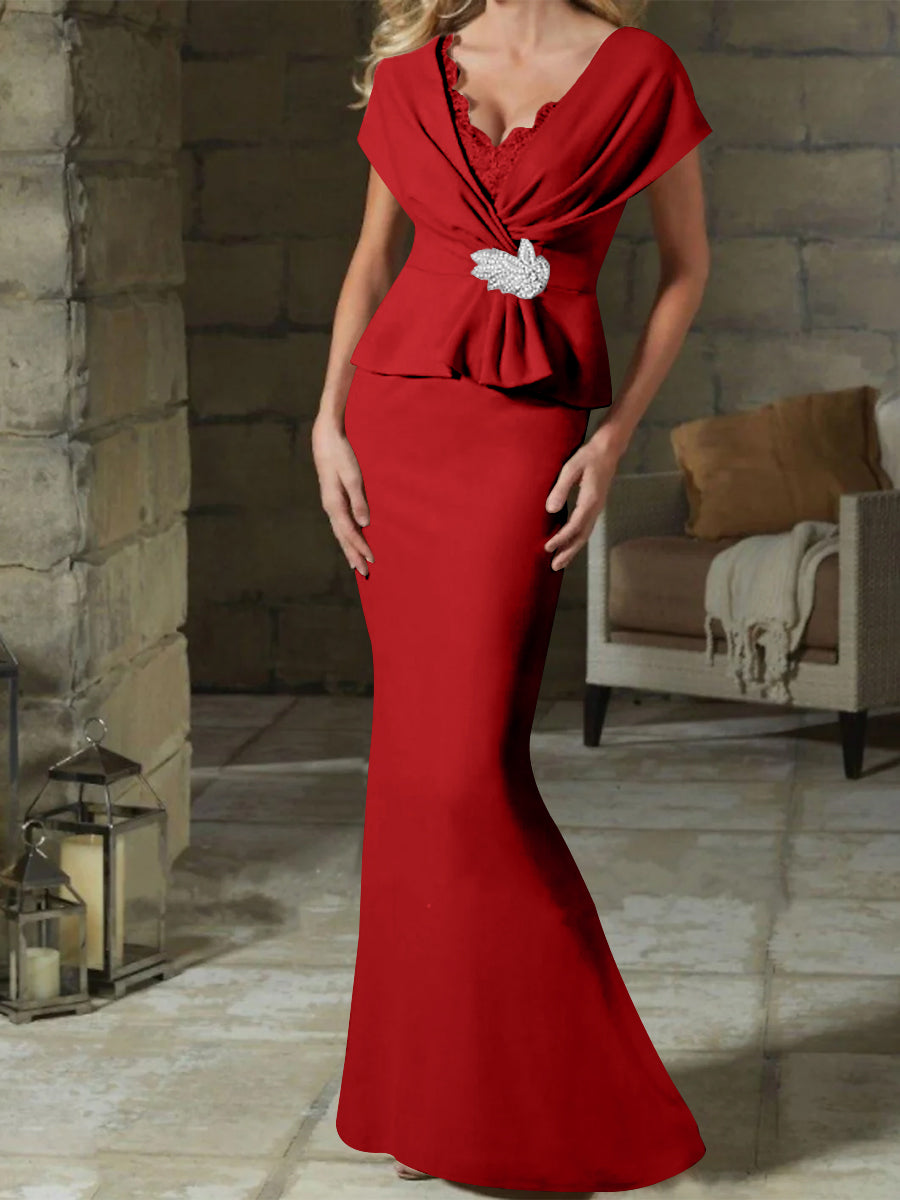 V Neck Belted Mother of the Bride Sheath Column Dresses
