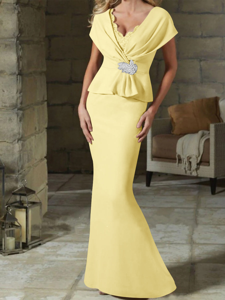 V Neck Belted Mother of the Bride Sheath Column Dresses