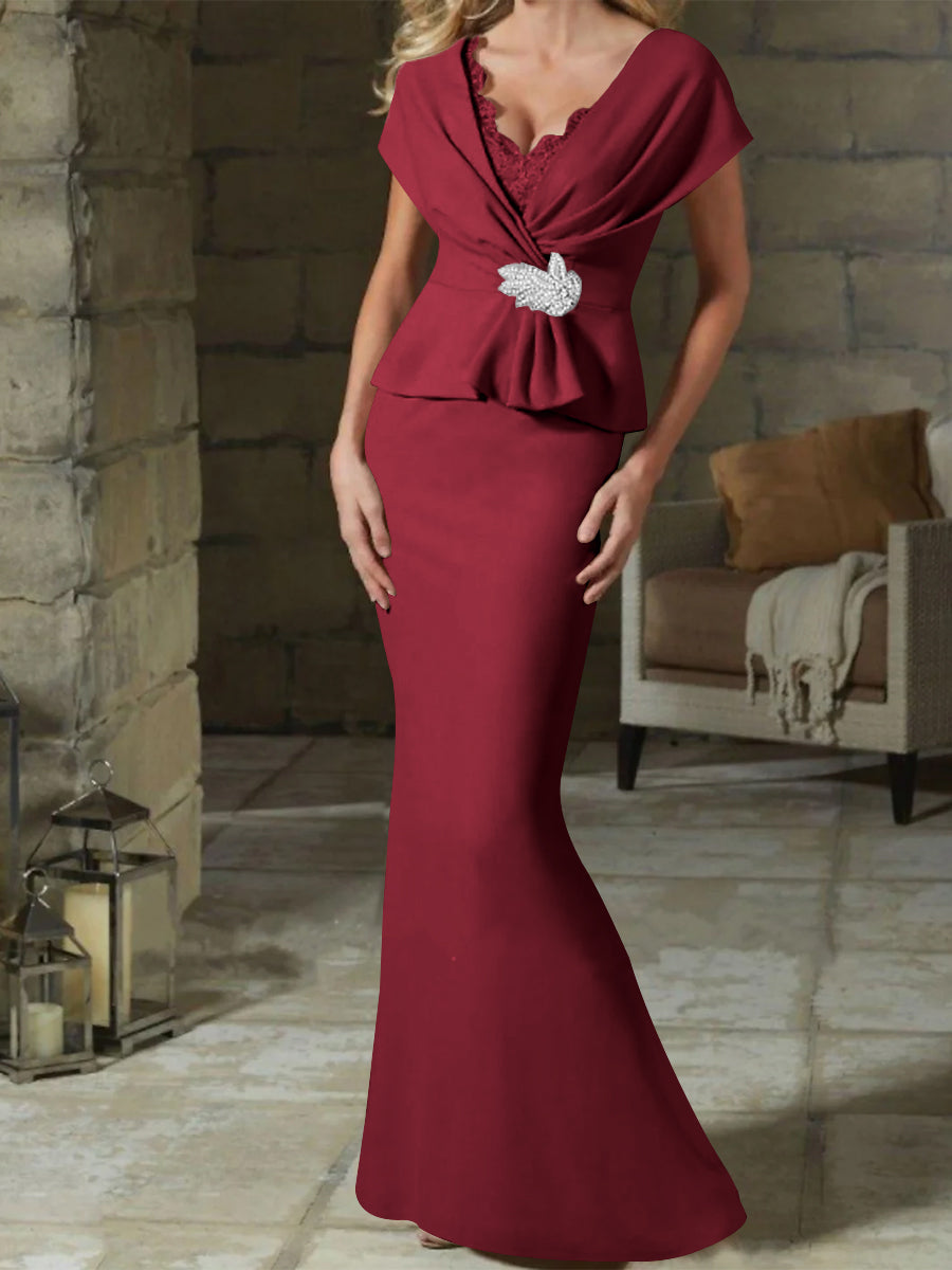 V Neck Belted Mother of the Bride Sheath Column Dresses