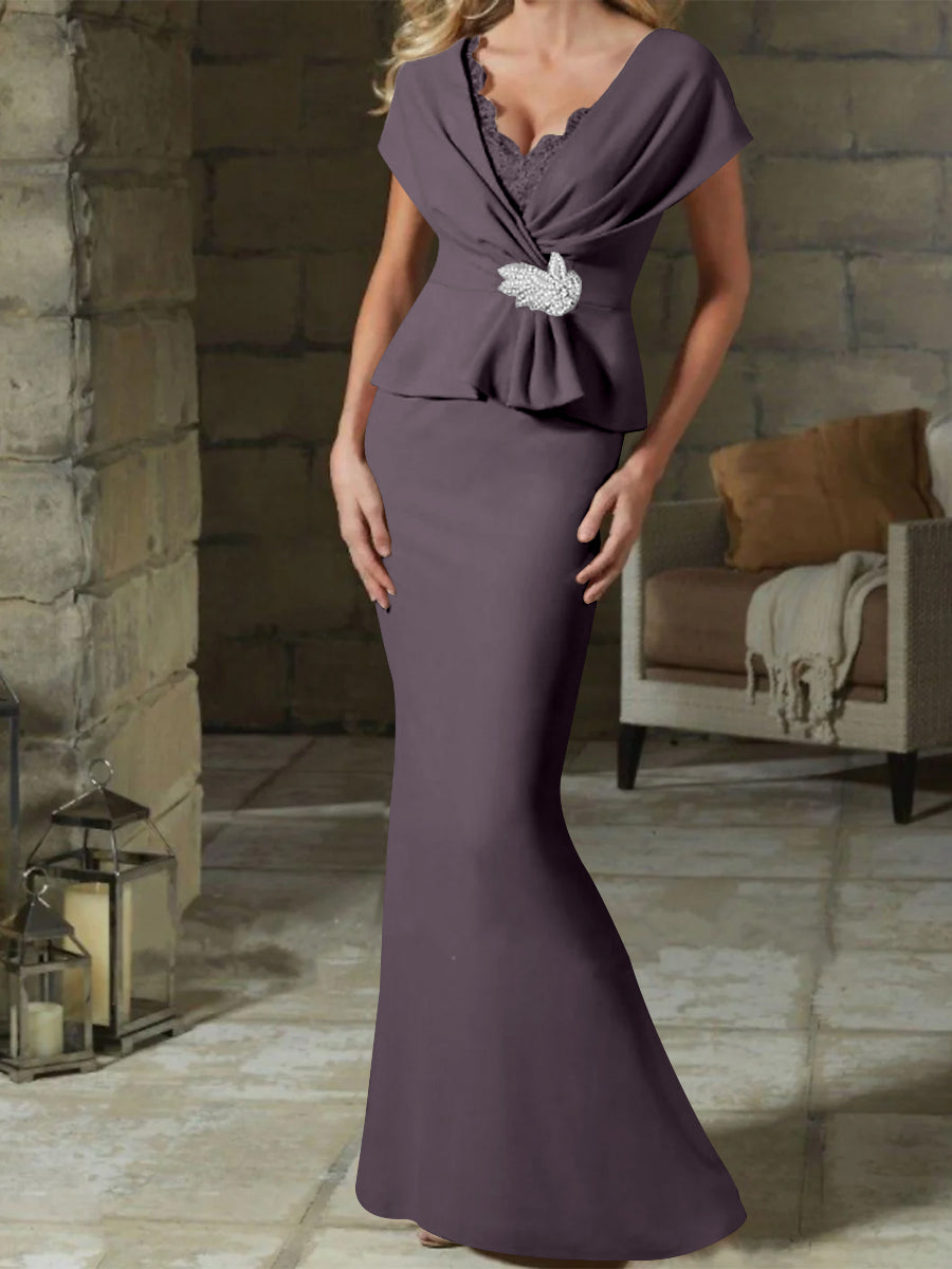 V Neck Belted Mother of the Bride Sheath Column Dresses