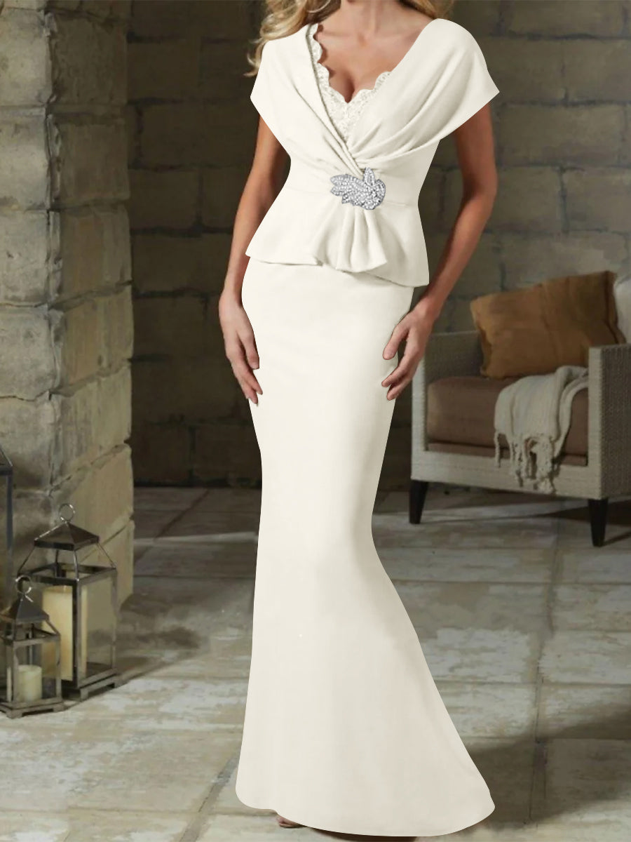 V Neck Belted Mother of the Bride Sheath Column Dresses