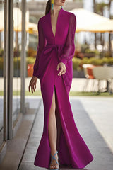 V Neck Belted Sheath Column Dresses for the Mother of the Bride