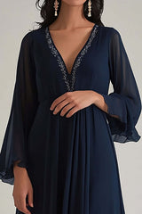 V-Neck Chiffon Navy Wedding Guest Dress Deep Long Formal Dress With Sleeves