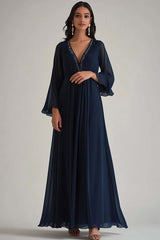 V-Neck Chiffon Navy Wedding Guest Dress Deep Long Formal Dress With Sleeves