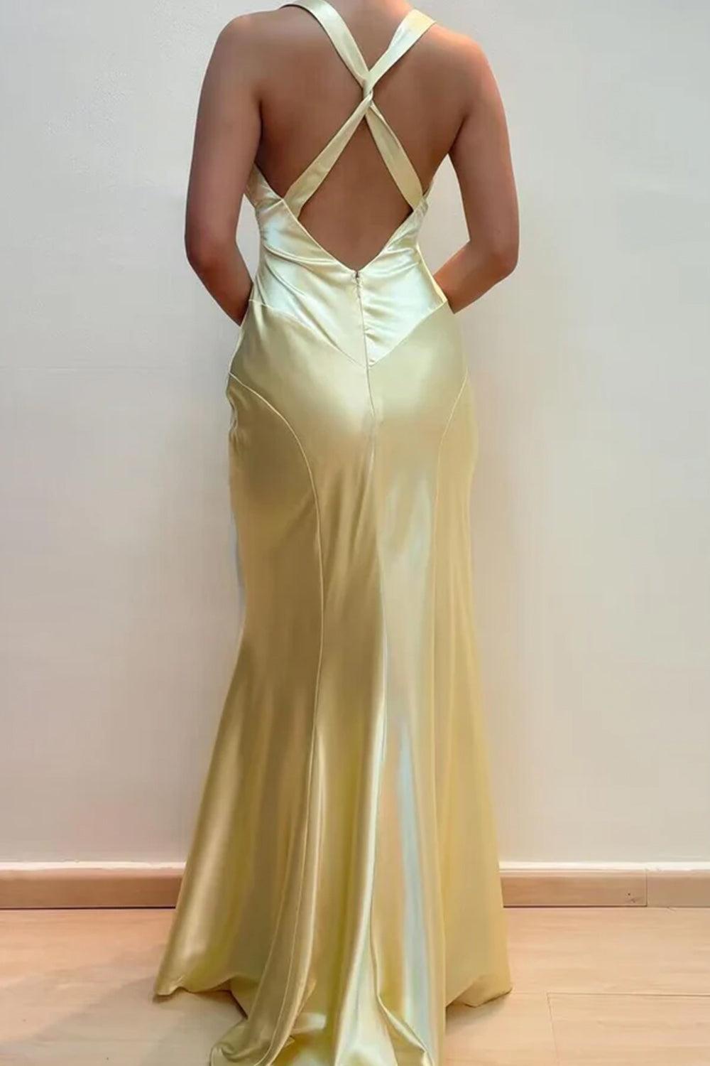 V-Neck Cross Back Yellow Satin Prom Gown With Ruched Detailing Formal Evening Gown