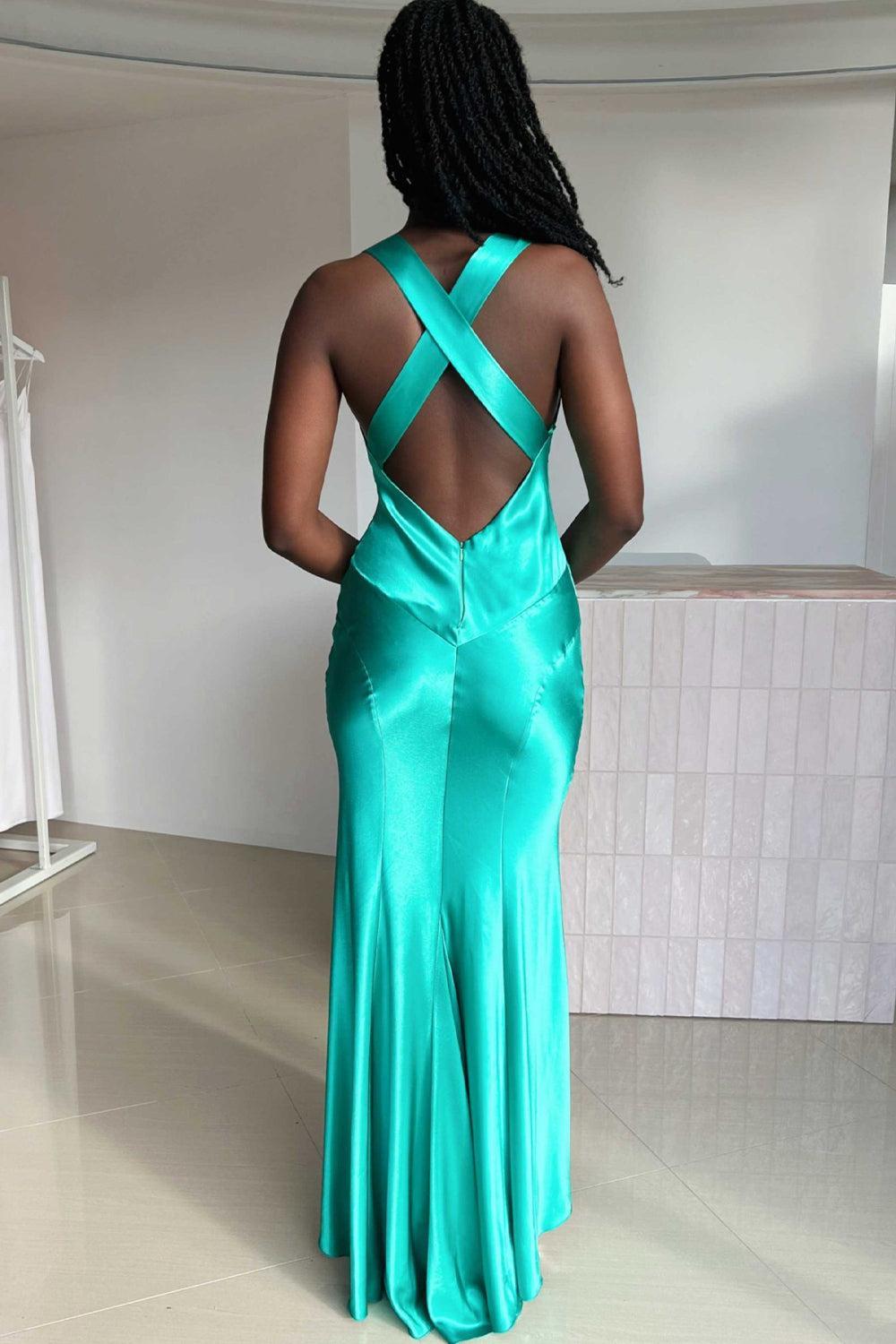 V-Neck Cross Back Yellow Satin Prom Gown With Ruched Detailing Formal Evening Gown