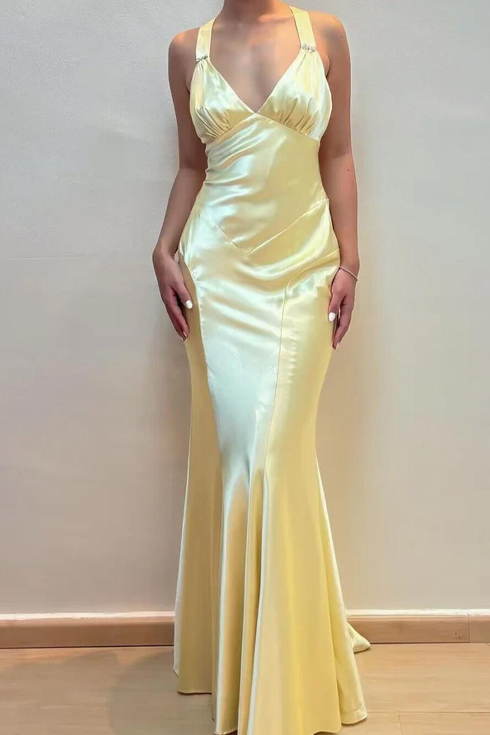 V-Neck Cross Back Yellow Satin Prom Gown With Ruched Detailing Formal Evening Gown