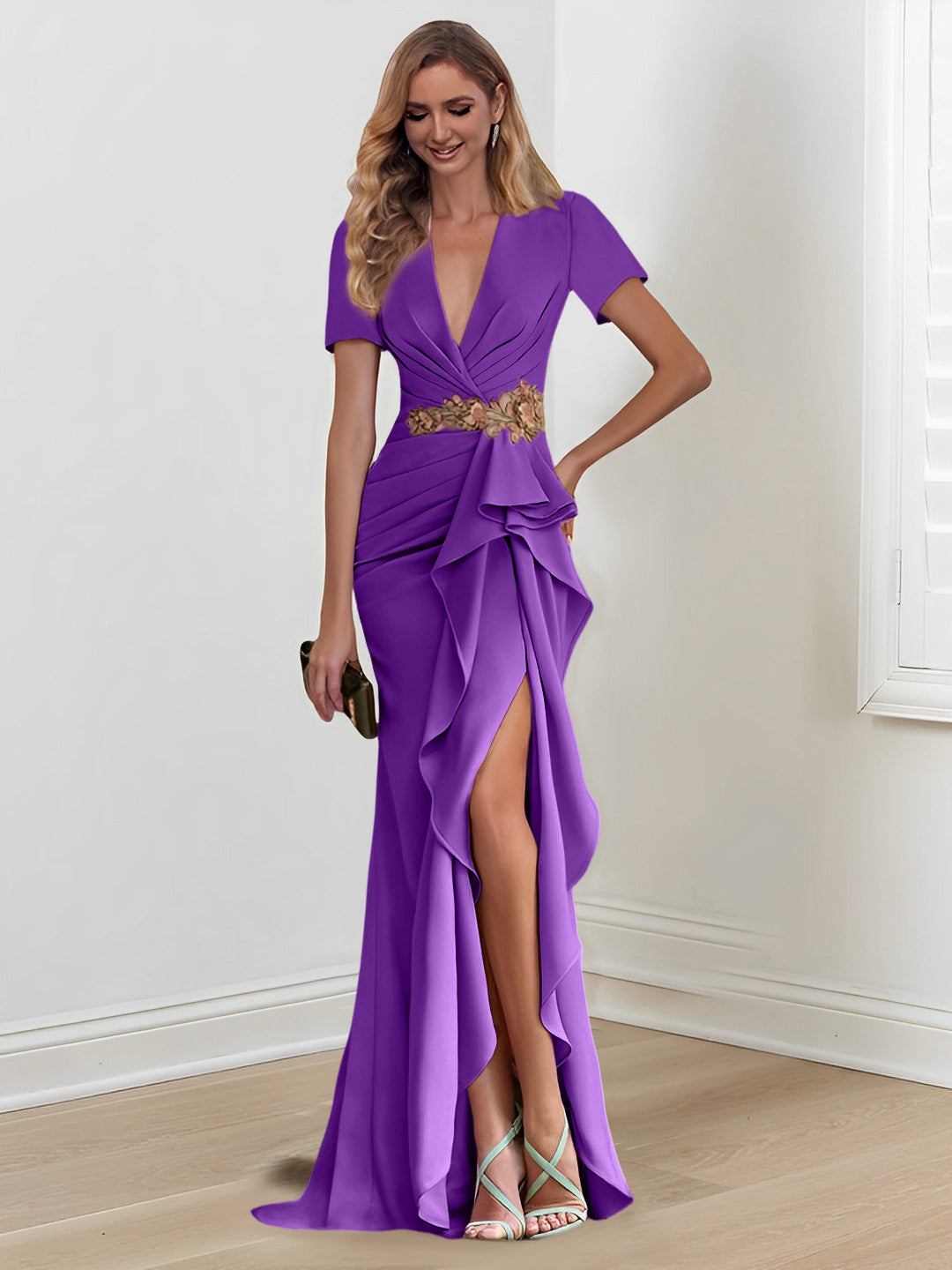 V Neck Long Mermaid Trumpet Mother of the Bride Dresses with Ruffles
