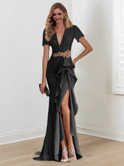 V Neck Long Mermaid Trumpet Mother of the Bride Dresses with Ruffles