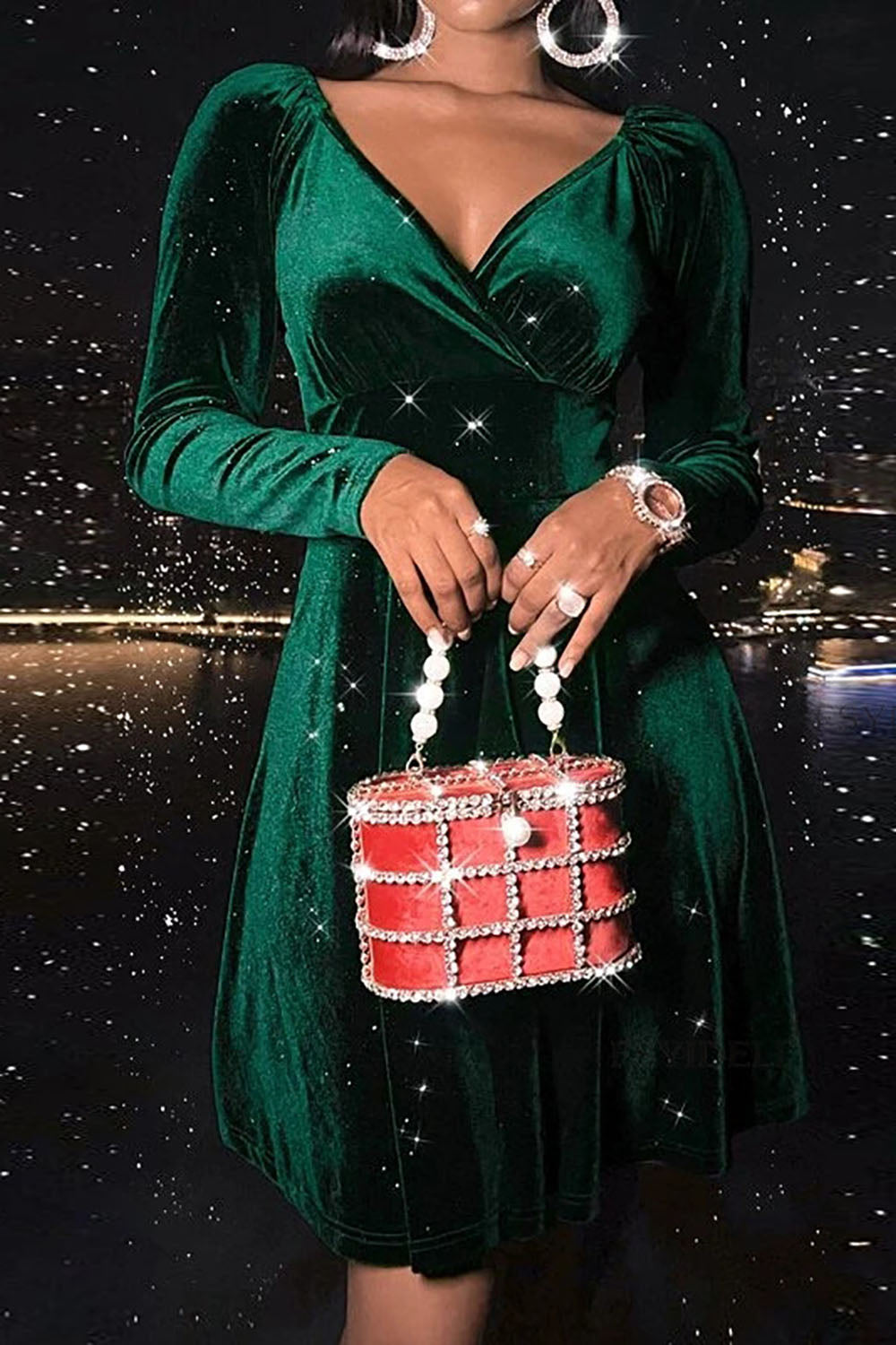 V-Neck Green Homecoming Dress Velvet Christmas Dress