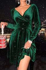 V-Neck Green Velvet Cocktail Dress Christmas Dress