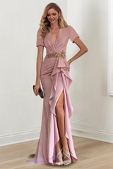 V Neck Long Mermaid Trumpet Mother of the Bride Dresses with Ruffles