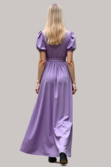 V-Neck Long Purple Wedding Guest Dress Satin Formal Dress With Short Sleeves