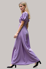 V-Neck Long Purple Wedding Guest Dress Satin Formal Dress With Short Sleeves
