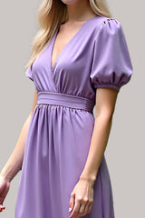 V-Neck Long Purple Wedding Guest Dress Satin Formal Dress With Short Sleeves