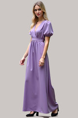 V-Neck Long Purple Wedding Guest Dress Satin Formal Dress With Short Sleeves
