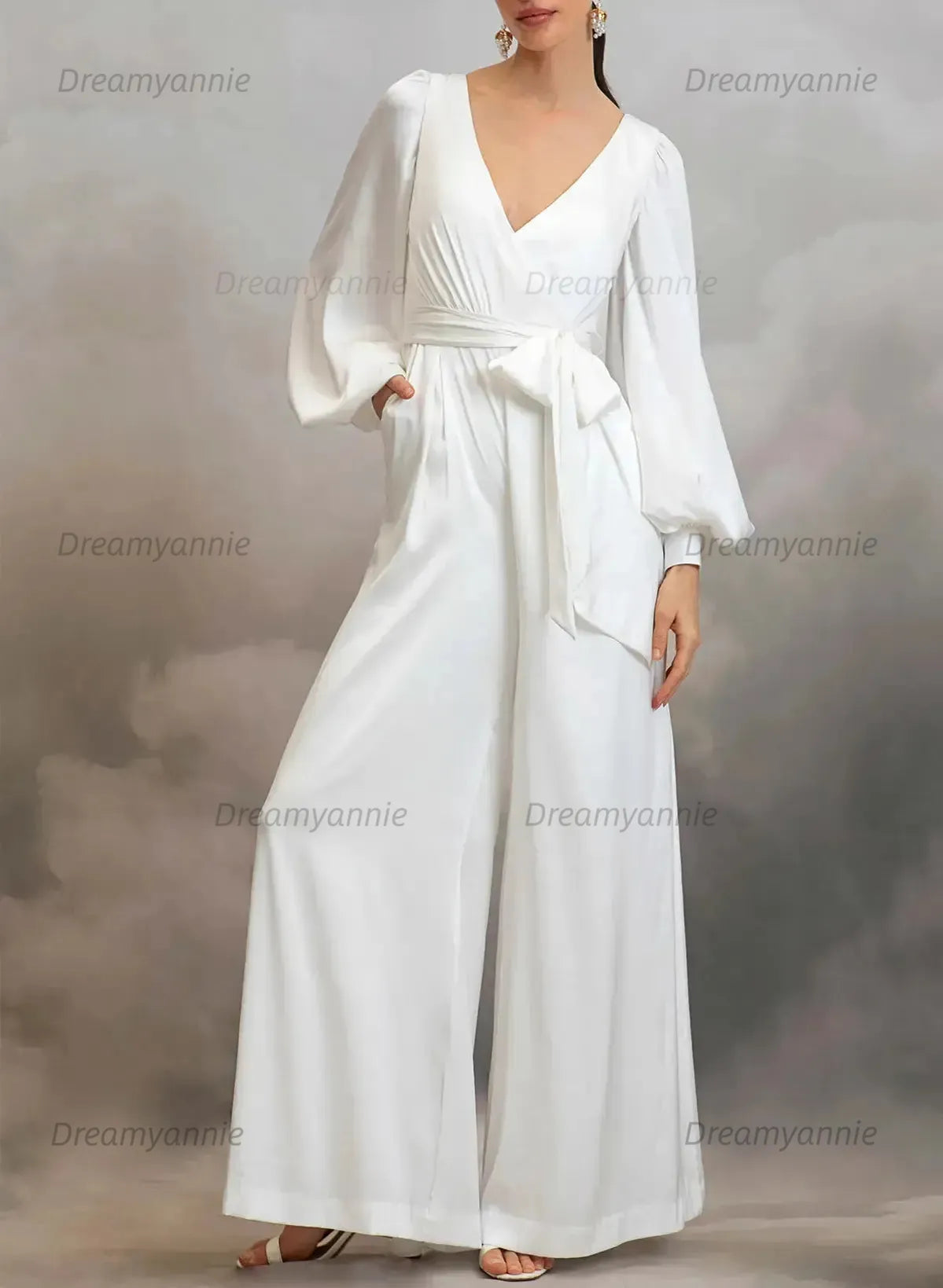 V Neck Long Sleeves Ankle Length Stretch Satin Wedding Jumpsuit