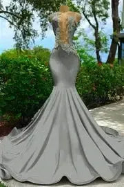 V Neck Mermaid Appliques Lace Sequined Open Back One Shoulder Floor Length Sleeveless Prom Dress