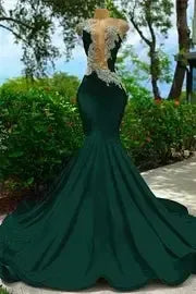 V Neck Mermaid Appliques Lace Sequined Open Back One Shoulder Floor Length Sleeveless Prom Dress