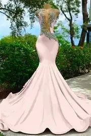 V Neck Mermaid Appliques Lace Sequined Open Back One Shoulder Floor Length Sleeveless Prom Dress