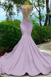 V Neck Mermaid Appliques Lace Sequined Open Back One Shoulder Floor Length Sleeveless Prom Dress