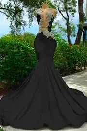 V Neck Mermaid Appliques Lace Sequined Open Back One Shoulder Floor Length Sleeveless Prom Dress