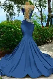 V Neck Mermaid Appliques Lace Sequined Open Back One Shoulder Floor Length Sleeveless Prom Dress