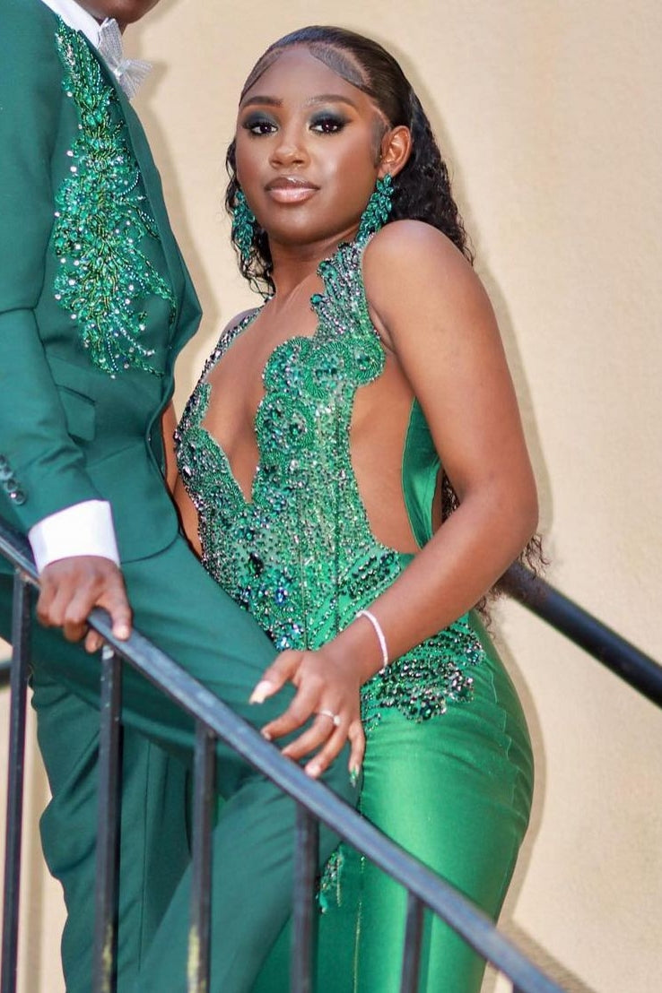 V-Neck Mermaid Prom Dress Sleeveless Beading Formal Dress