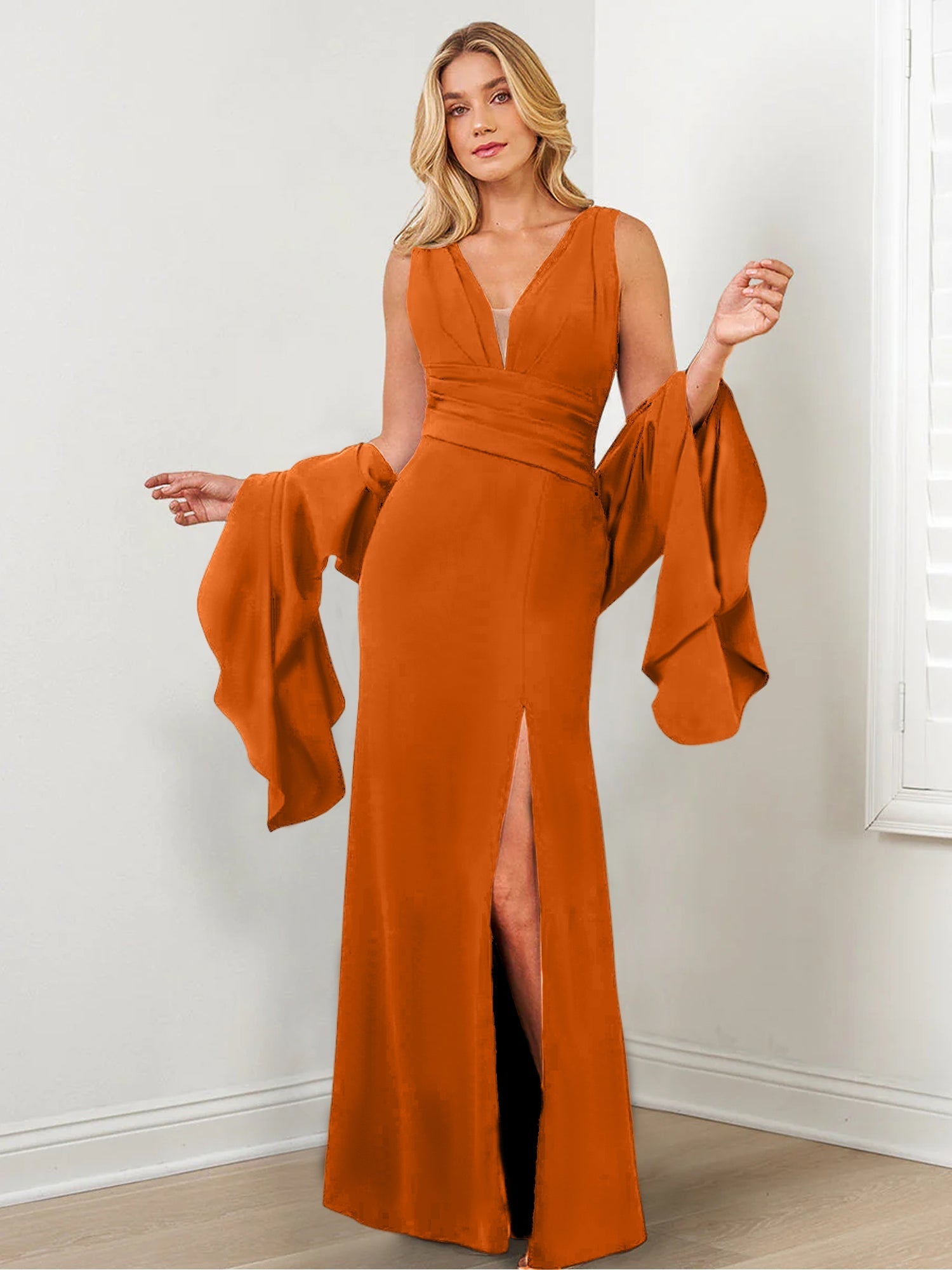 V Neck Mother of the Bride Column Dresses with Side Split & Wraps
