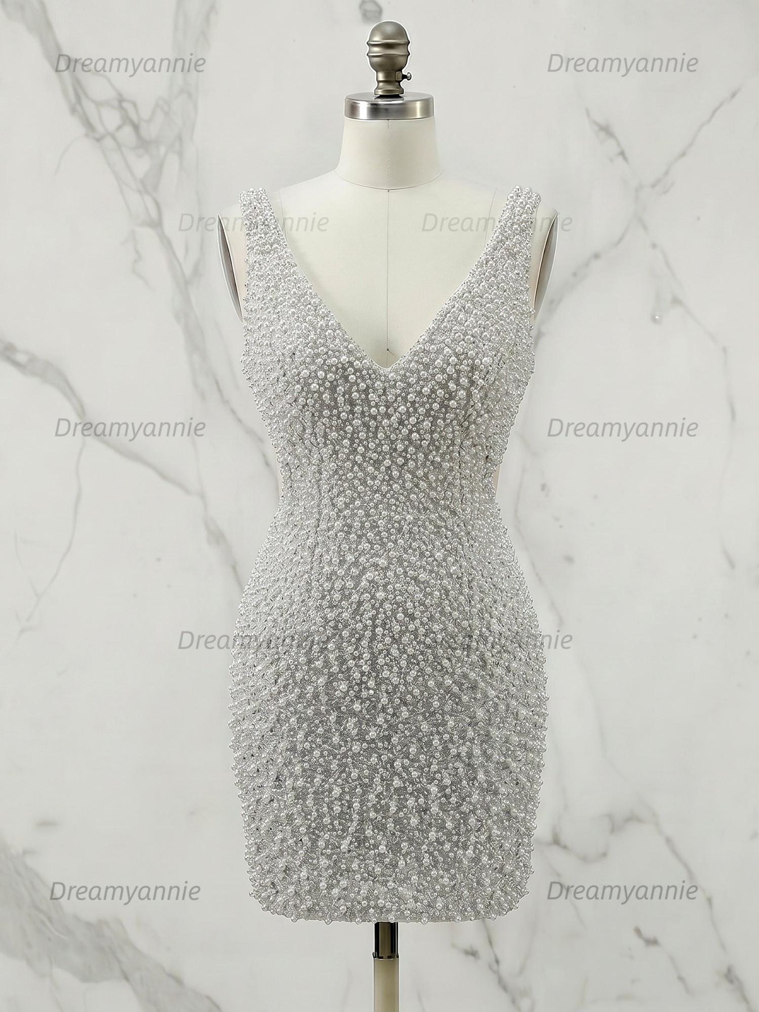 V Neck Pearl Embellished Short Homecoming Dress