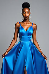 V-Neck Royal Blue Wedding Guest Dress Long Satin Formal Dress With Slit